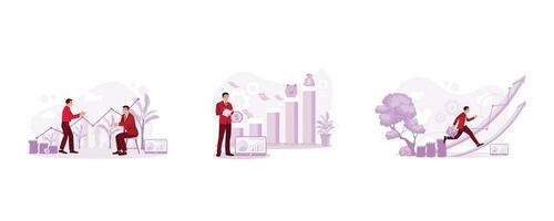 Two businessmen are discussing business growth and development. The entrepreneur stands, taking notes against the background of charts of various types of wages. Businessman jumping with up arrow. vector