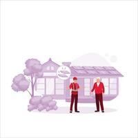 solar panels on the roof of the house. A technician explains the function and how to maintain solar panels to the homeowner. Big modern house and solar energy. Trend Modern vector flat illustration.