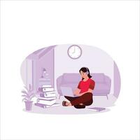 Smiling young woman sitting on the floor and working from home while listening to music through her headphones, Freelance Productivity concept. Trend Modern vector flat illustration