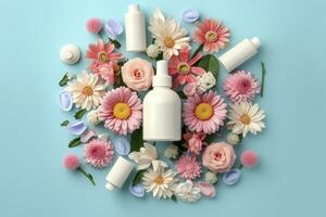 Fresh floral skincare concept. Top view flat lay of pump bottle, pipette, cream bottles, and tubes with flowers on pastel blue background with an empty circle for text or branding. AI Generative photo