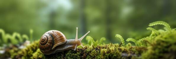 un viaje mediante el bosque. de cerca de un caracol en el bosque con natural antecedentes. ai generativo foto