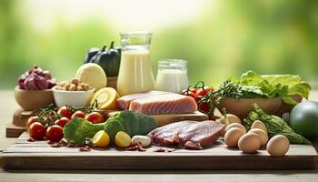 Closeup of vegetables, fruits, and meat on wooden table over green natural background. Generative AI photo