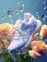 Sports shoes surrounded by transparent flowers, splashing with water droplets, emitting light white blue, AI Generative photo