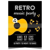 Retro music party poster with yellow guitar and musical notes on black background. Design template of invitation banner, leaflet or flyer for retro music concert, live event, festival or show. vector