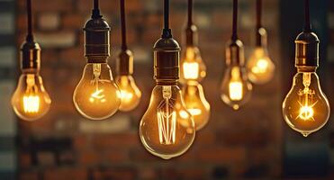 decorativo antiguo Edison estilo ligero bombillas en contra ladrillo pared antecedentes. Clásico lámpara decorativo. ai generativo foto
