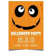Halloween party poster with funny pumpkin character on the background. All saints' day holiday invitation banner, leaflet or flyer to celebrate the feast in spooky and scary ambience. vector