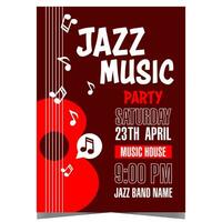 Jazz music party invitation poster with red guitar and white musical notes on black background. Jazz music concert banner, leaflet or flyer to promote live music event, festival and jazz culture. vector