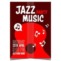 Jazz music party design template. Invitation banner, poster or flyer for live jazz music concert, festival or show. Handout or cover with big red guitar and white musical notes on black background. vector