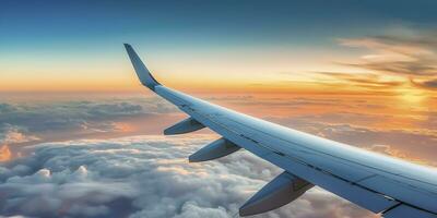 Airplane plane wing at sunset time through clouds, AI Generative photo