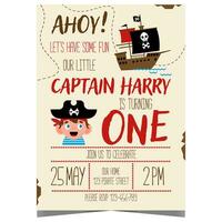 Pirate birthday party invitation for kids in cartoon style. Pirate party poster or flyer with flag with skull and crossbones on the pirate ship and character captain inviting to a sea adventure. vector