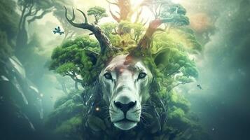 Fantasy animal, double exposure of fantasy world with green trees. AI Generative photo