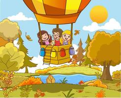 vector illustration of kids flying with air balloon