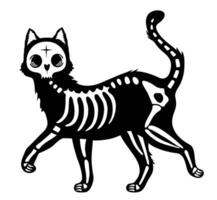 Skeleton black cat. Silhouette Halloween cat with bones costume. Cat Skull vector bone skeleton icon logo Halloween illustration. Funny pets. Vector illustration on white background. Tattoo.