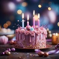 AI Generative Birthday cake with candles on blur background pink them photo