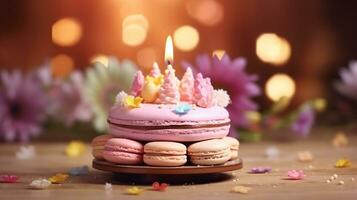 AI Generative Birthday cake with candles on blur background pink them photo