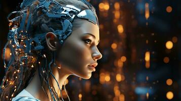 Beautiful face of a futuristic hi-tech cyborg robot woman. Connecting man and computer with artificial intelligence in the future of humanity photo