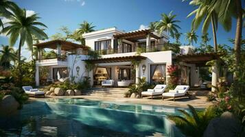 grande blanco fiesta villa, relajante fiesta hogar rodeado por palma arboles en un tropical calentar país recurso foto