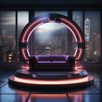 Abstract neon purple futuristic cylindrical round hi-tech platform stand photo