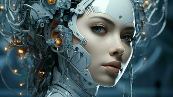Beautiful cyborg robot woman futuristic high-tech mixture of human and computer. Synergy between humanity and artificial intelligence in the future photo