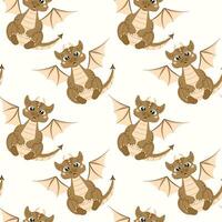Seamless pattern with a cute surprised dragon on a white background in cartoon style. vector