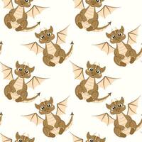 Seamless pattern with a cute surprised dragon on a white background in cartoon style. vector