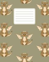 Design of covers for notebooks, planners with the image of a sitting surprised dragon. vector