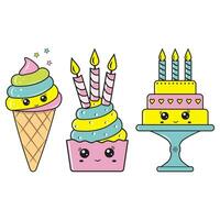 A set of sweet desserts, kawaii characters, vector illustration in cartoon style