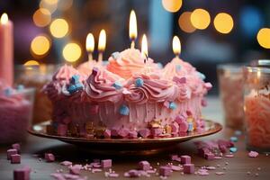 AI Generative Birthday cake with candles on blur background pink them photo