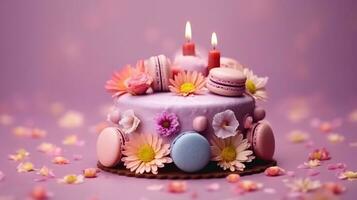 AI Generative Birthday cake with candles on blur background pink them photo