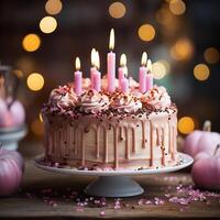 AI Generative Birthday cake with candles on blur background pink them photo