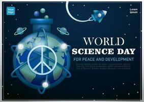 World Science Day, for Peace and Development. Earth with peace symbol surrounded by atomic particles, beaker background. 3d vector, suitable for science and education vector