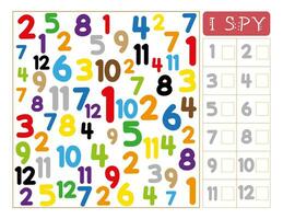 I spy numbers game. Counting practice activity for preschool and kindergarten kids vector