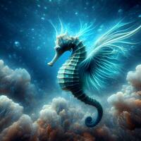 Enchanting Abyssal Skies, Surreal Seahorses Soar Through a Submerged Dreamscape. AI Generated photo