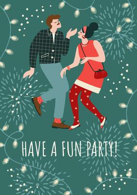 Christmas and Happy New Year illustration of dance party. Trendy retro style. Vector design template.