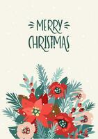 Christmas and Happy New Year card with bouquet. Trendy retro style. Vector design template.