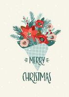 Christmas and Happy New Year card with bouquet. Trendy retro style. Vector design template.