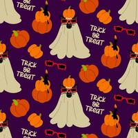 Pattern of a cat in a sheet for Halloween with a pumpkin on its head and on a purple background. A black cat with spider-shaped glasses. Flat vector illustration with pumpkins. Text Trick or treat