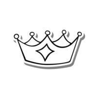 Crown with Gem line art elements on white silhouette and gray shadow, hand-drawn graphics. Isolated on white background, Vector illustration.