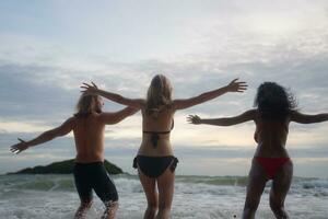 Group of friends having fun on the beach at the sunset time. photo