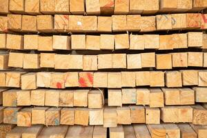 Wooden stacked in a warehouse, close-up. Wooden industrial background photo