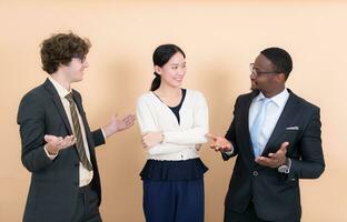 Portrait of confident business team standing in office. Multiethnic group. photo