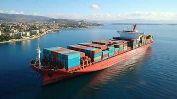 Cargo ship  full with containers ready to departed AI Generated photo