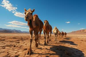 A group of camels walking on the deserts AI Generated photo