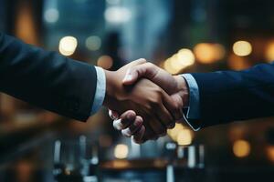 Close up of business people shaking hands in office. Business concept. AI Generated photo