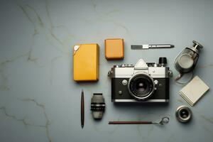 Top view of vintage camera notebook and stationery on grey background AI Generated photo