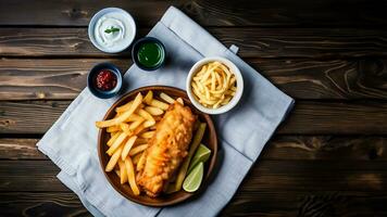 Fried fish and chips on a white plate on a marble background AI Generated photo