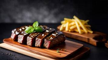 Grilled beef steak on wooden board with herbs and balsamic vinegar AI Generated photo