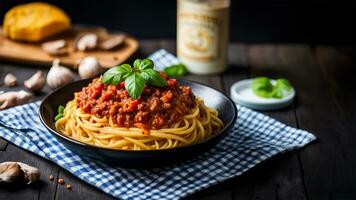 espaguetis boloñesa con tomate salsa y albahaca hoja en negro antecedentes ai generado foto