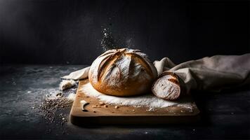 Freshly baked Sourdough bread with sugar powder on a black background. AI Generated photo