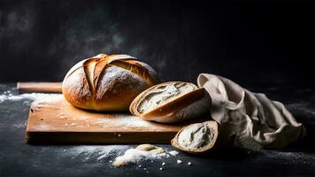 Freshly baked Sourdough bread with sugar powder on a black background. AI Generated photo